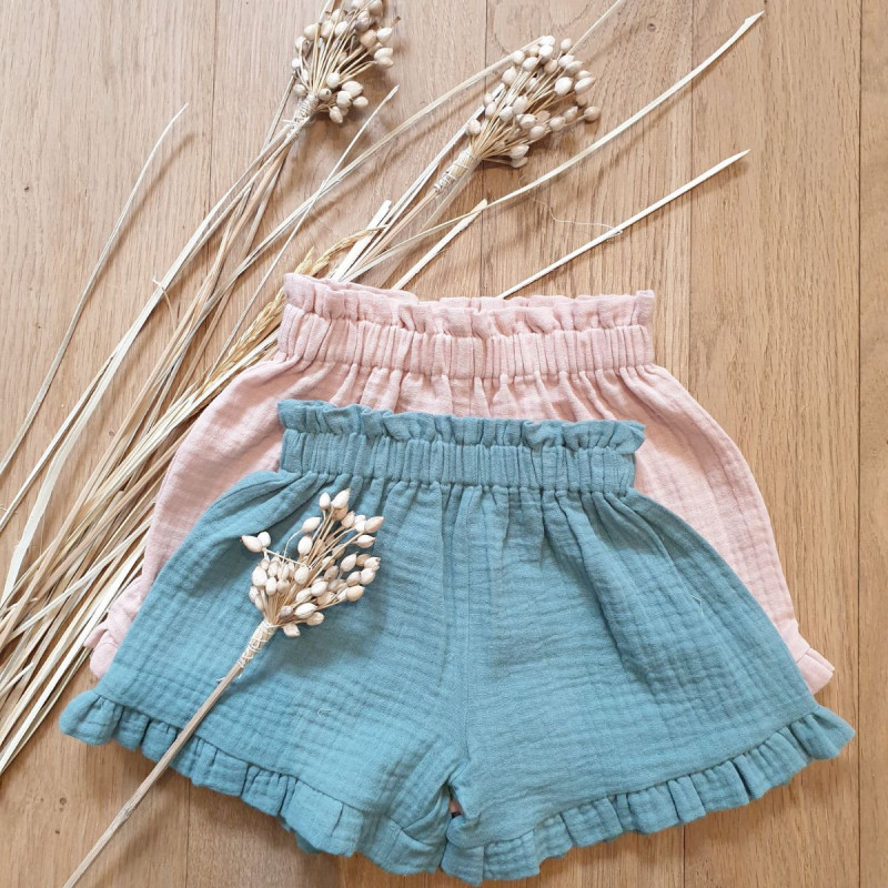 Short fillette en double gaze de coton bio uni